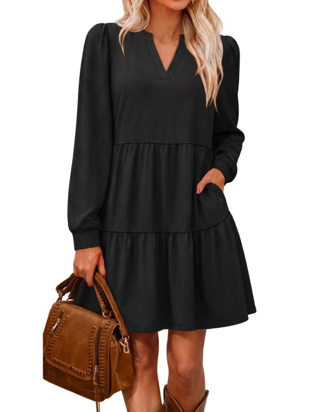 Fall Dresses for Women V Neck Long Sleeve Tiered Dress with Pockets